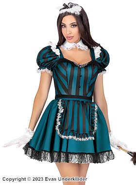 French Maid, Kostüm-Kleid, Rüschenbesatz, Puffärmel, Streifen